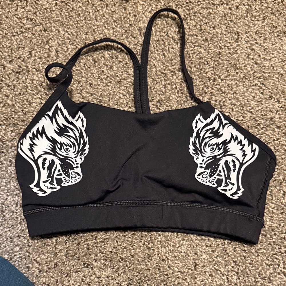Black Sports Bralette with White Wolf Graphic